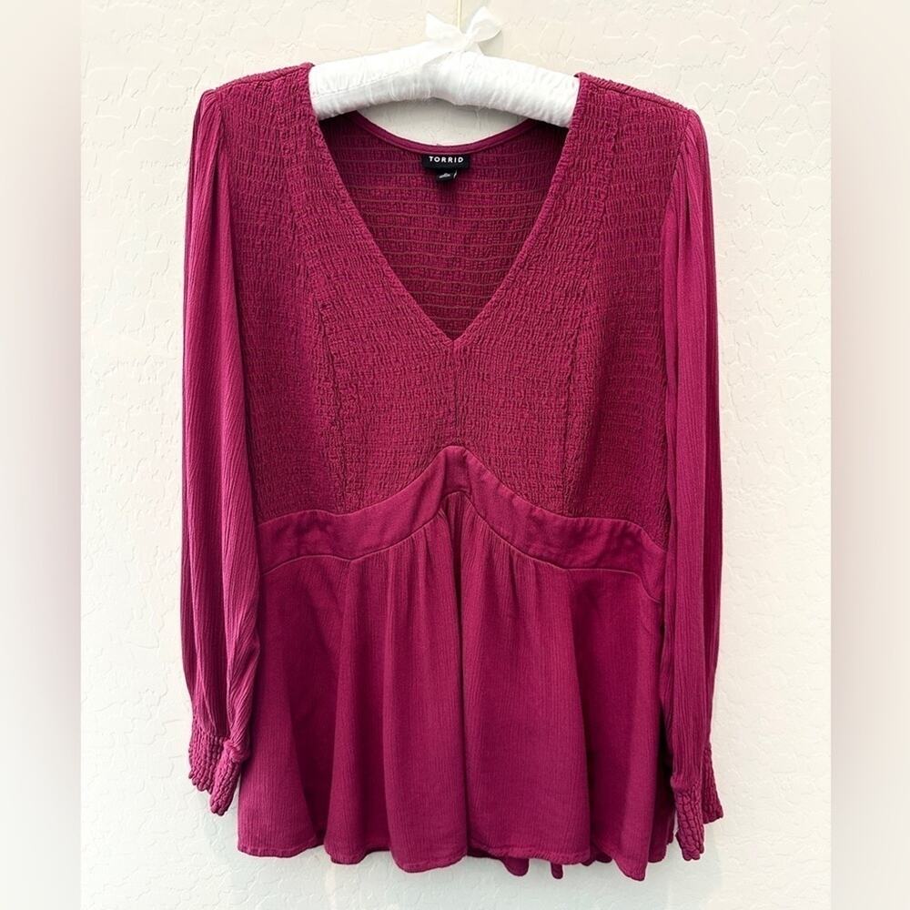 TORRID | Magenta Pink Babydoll Smocked Crinkle Blouse Long Sleeve | Large